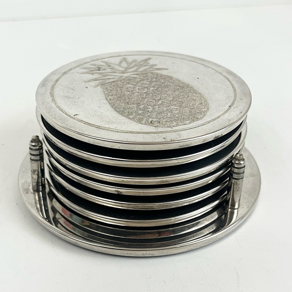 Silver Pineapple Coaster Set, 6 Coasters with Stand / Holder, Tropical Barware
